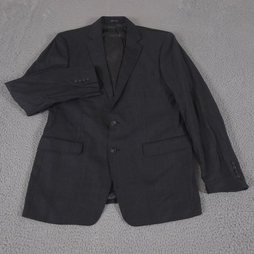 Calvin Klein Blazer Mens 42R Gray Windowpane 100% Wool Two Button Sport Coat